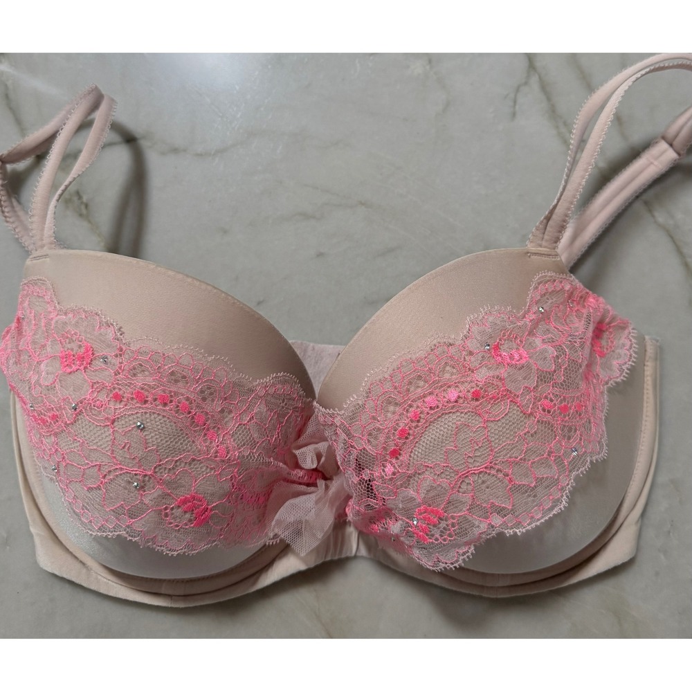 Victoria's Secret Dream Angels Lined Demi Bra 32DDD Nude Pink‎ Lace Rhinestone